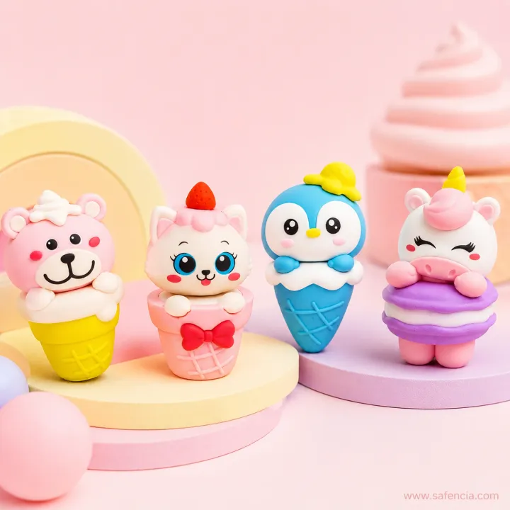 Ice-cream erasers shaped as a bear, a cat, a penguin and a unicorn on pink steps