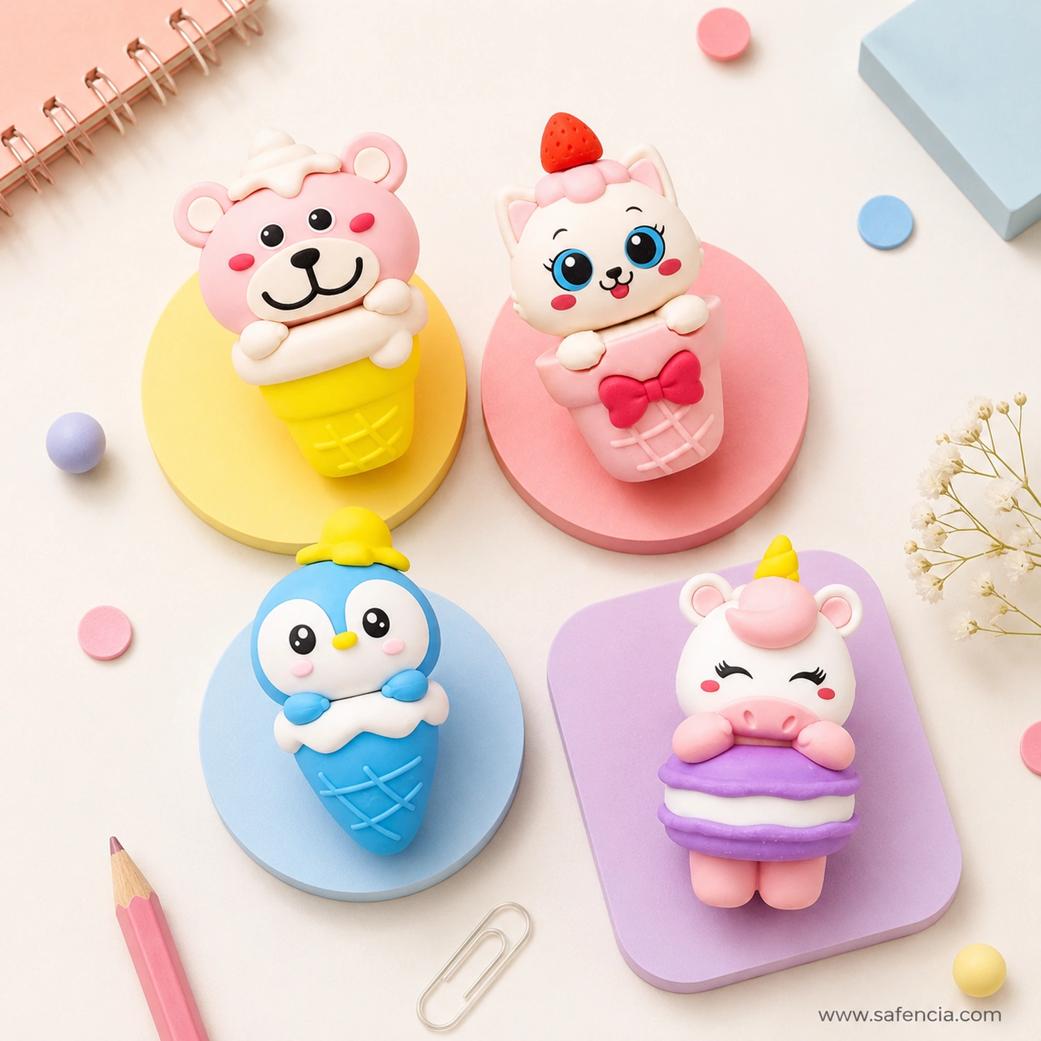 Overhead view of the animal ice-cream erasers laid out on pastel discs beside a notebook and a pink pencil