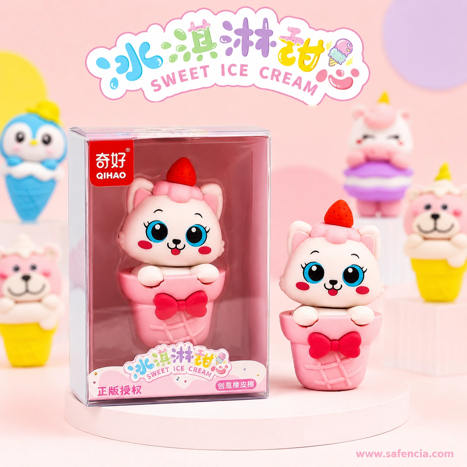 White cat ice-cream eraser shown boxed and unboxed side by side, with the strawberry and red bow details visible