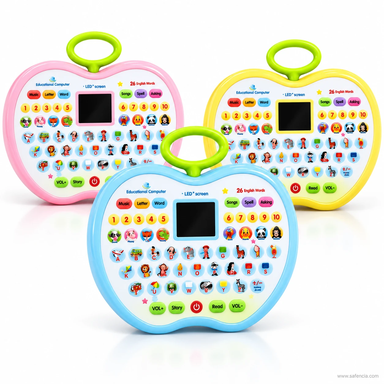 All three colours of the apple shape learning pad together, blue, pink and yellow