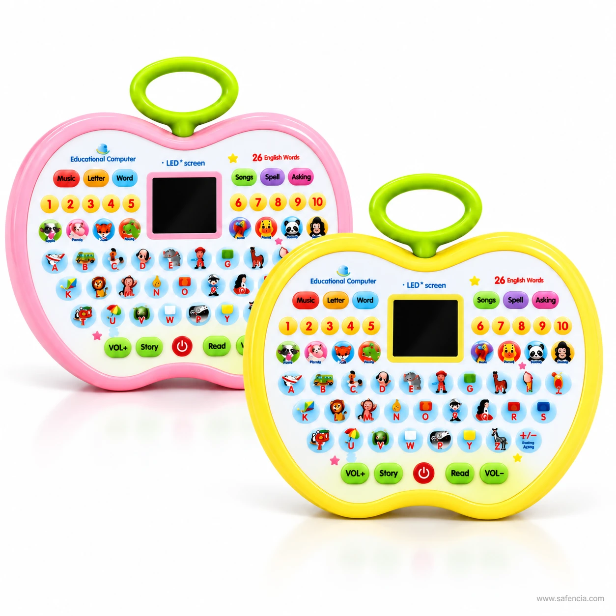 Pink and yellow versions of the apple shaped learning pad standing side by side