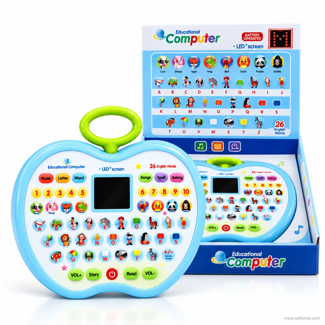 The blue learning pad beside its retail display box printed Educational Computer with an alphabet chart