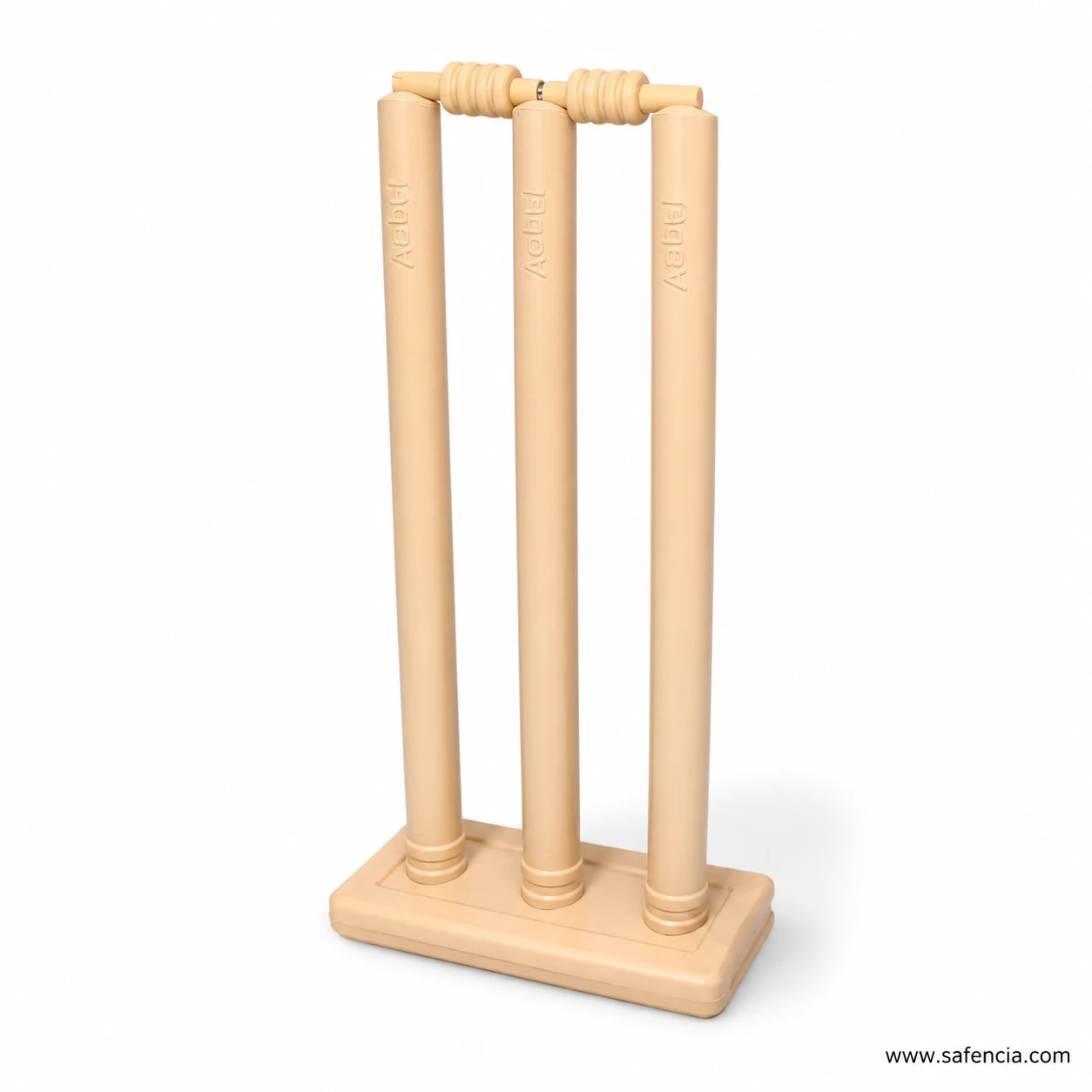 Aqeel beige cricket wicket set showing full stump height and bail detail