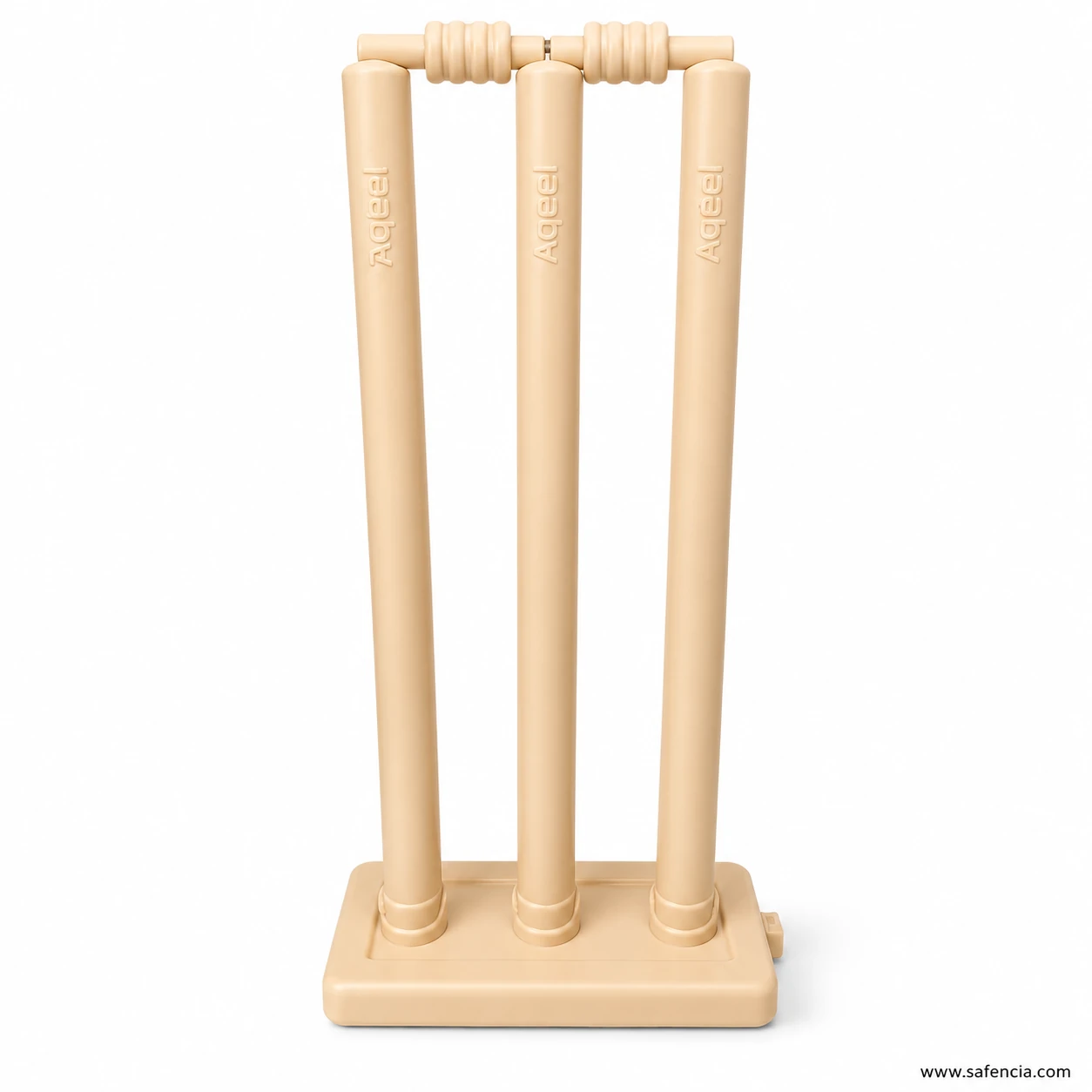 Aqeel plastic cricket wickets front view showing base filling plug and branding