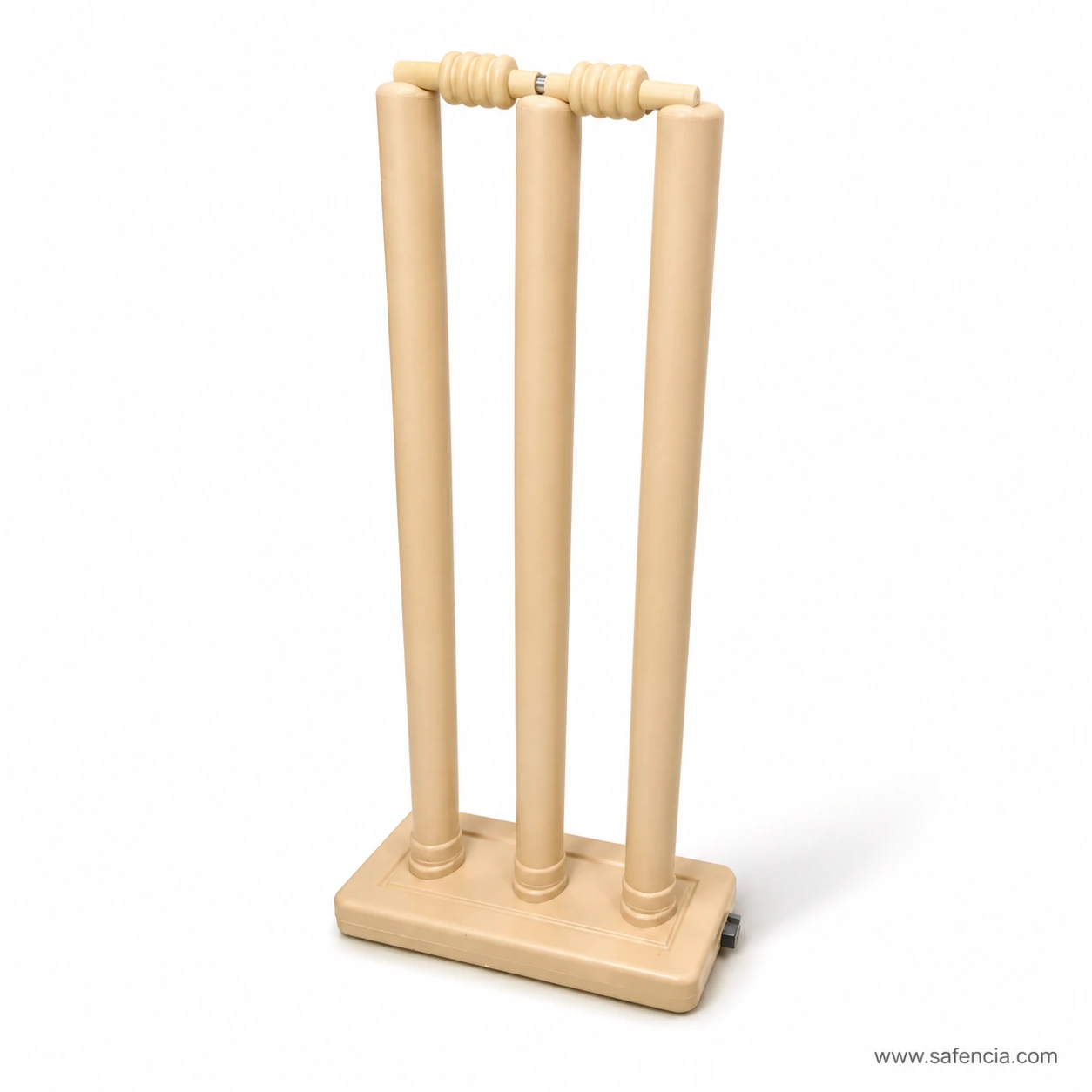 Aqeel small cricket wickets showing the filling plug on the side of the base
