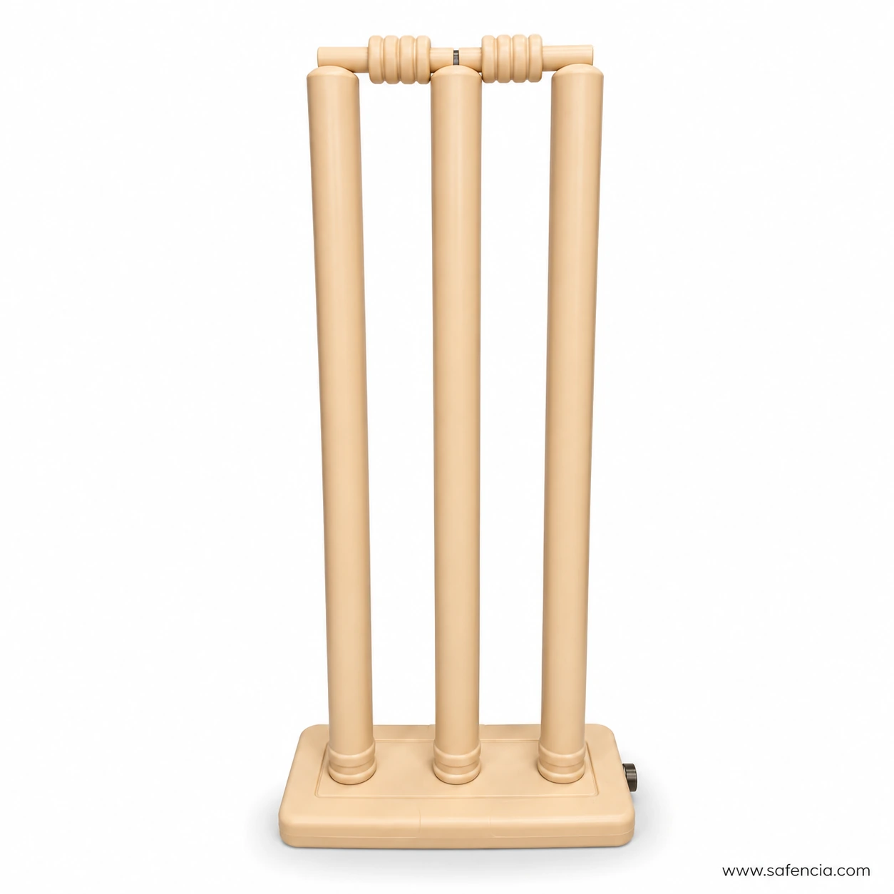 Aqeel small beige plastic cricket wicket set front view with stumps and base