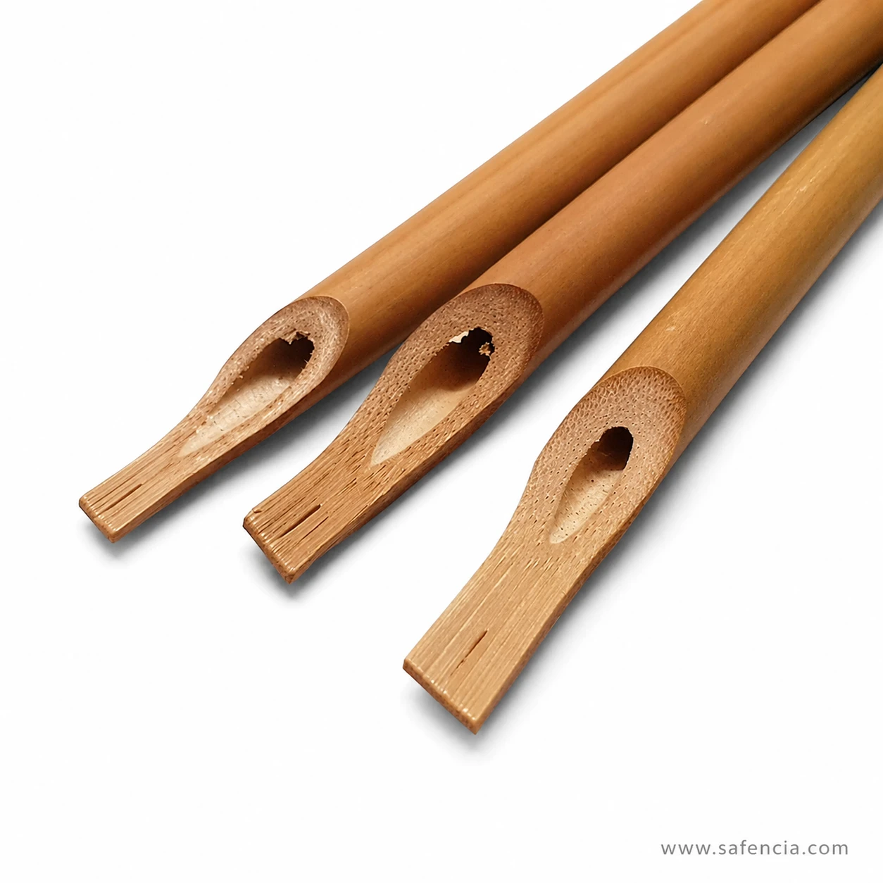 Polished bamboo qalam barrels in warm honey brown with the natural growth nodes of the cane still in place