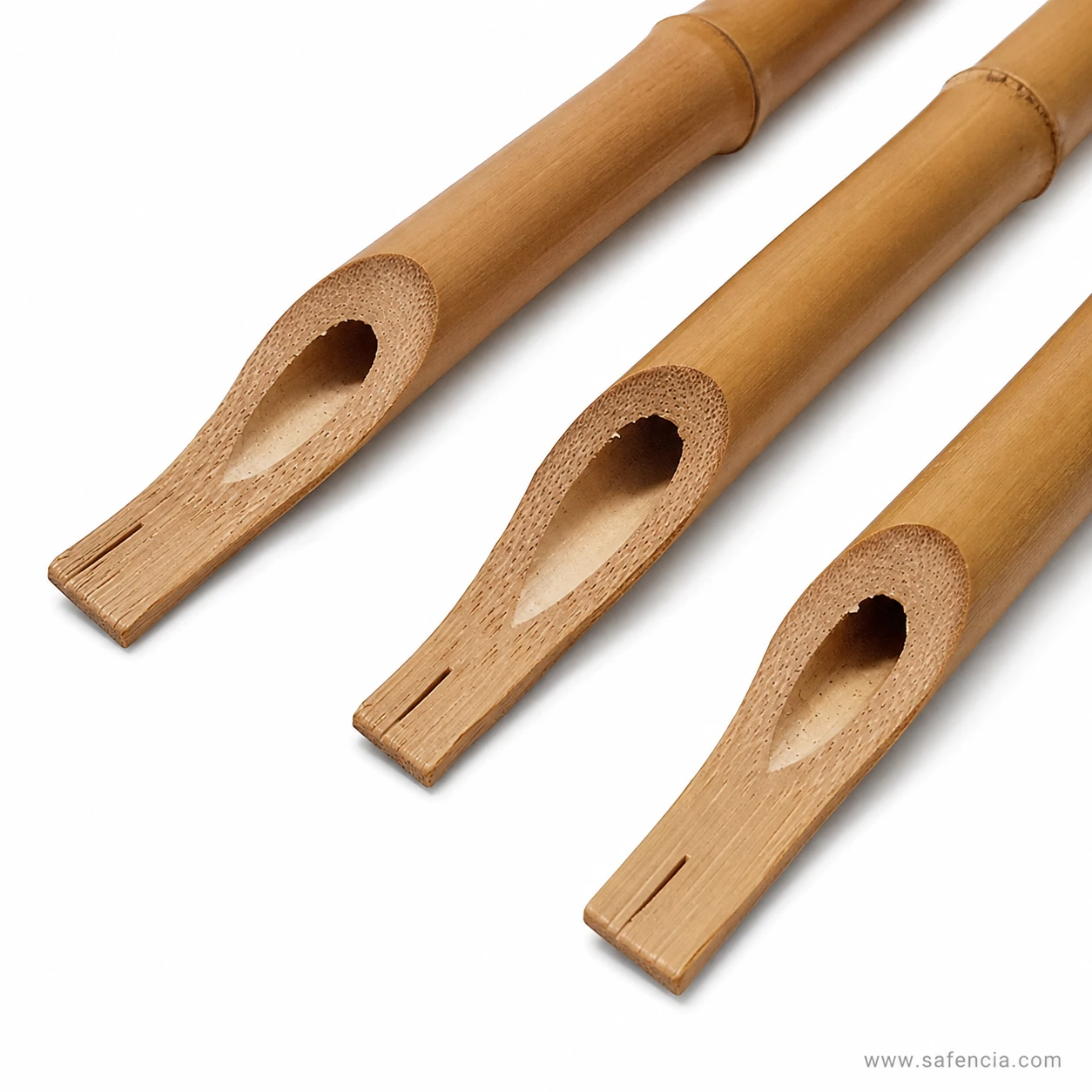 Close view of three bamboo qalam nibs showing the teardrop ink well and the fine slit cut into each tip