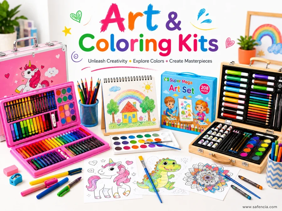 Safencia art and coloring kits collection in Pakistan — deluxe 220-piece wooden suitcase, Moon Rocket space theme metal briefcase, Super Mega 208-piece easel kit, and folding portable sets from 42 to 168 pieces
