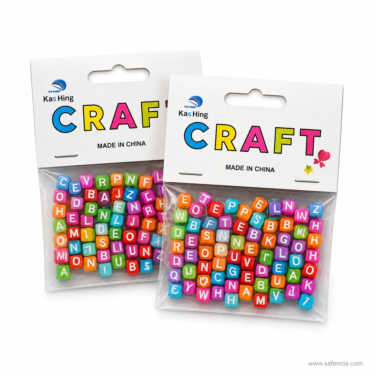 Plastic alphabet bead craft packs stacked in a display arrangement