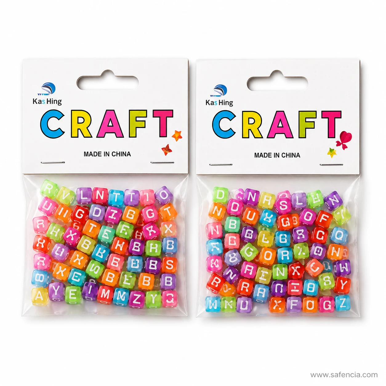 Two alphabet bead packs showing variation in the colour mix supplied