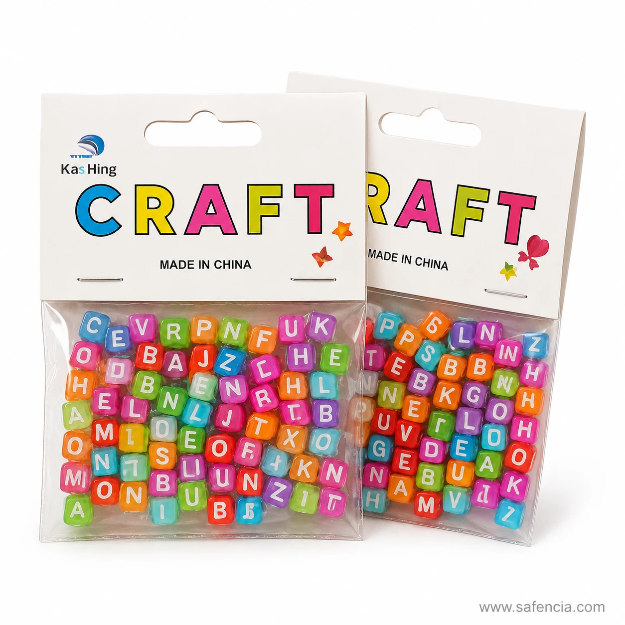 Alphabet bead packs shown from the front and at an angle
