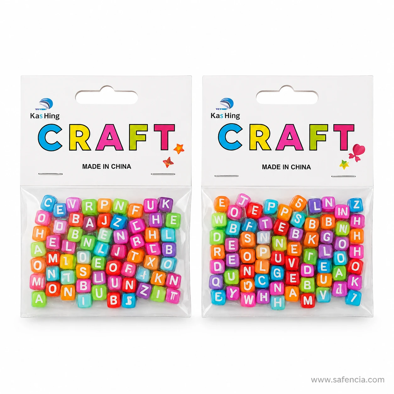 Two sealed hanging packs of plastic alphabet beads side by side
