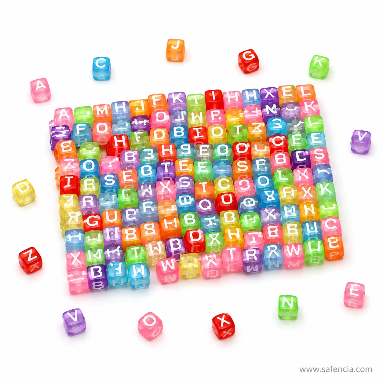 Alphabet cube beads laid out in a grid showing the range of letters