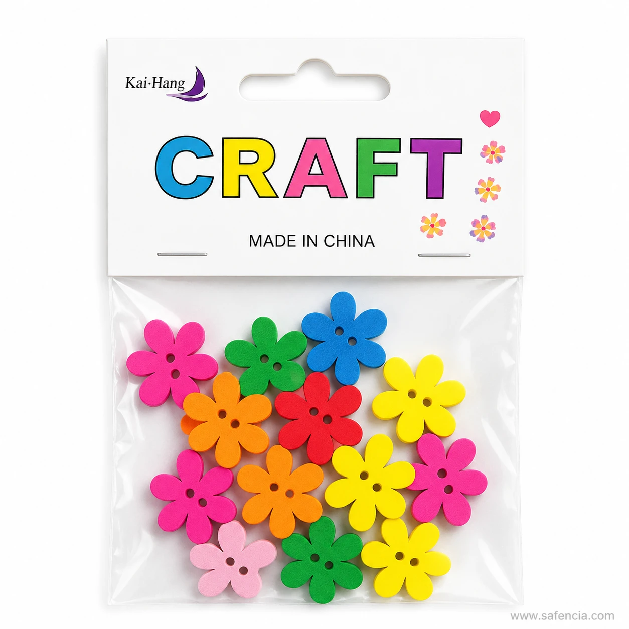 Sealed hanging pack of wooden craft flower buttons for retail display