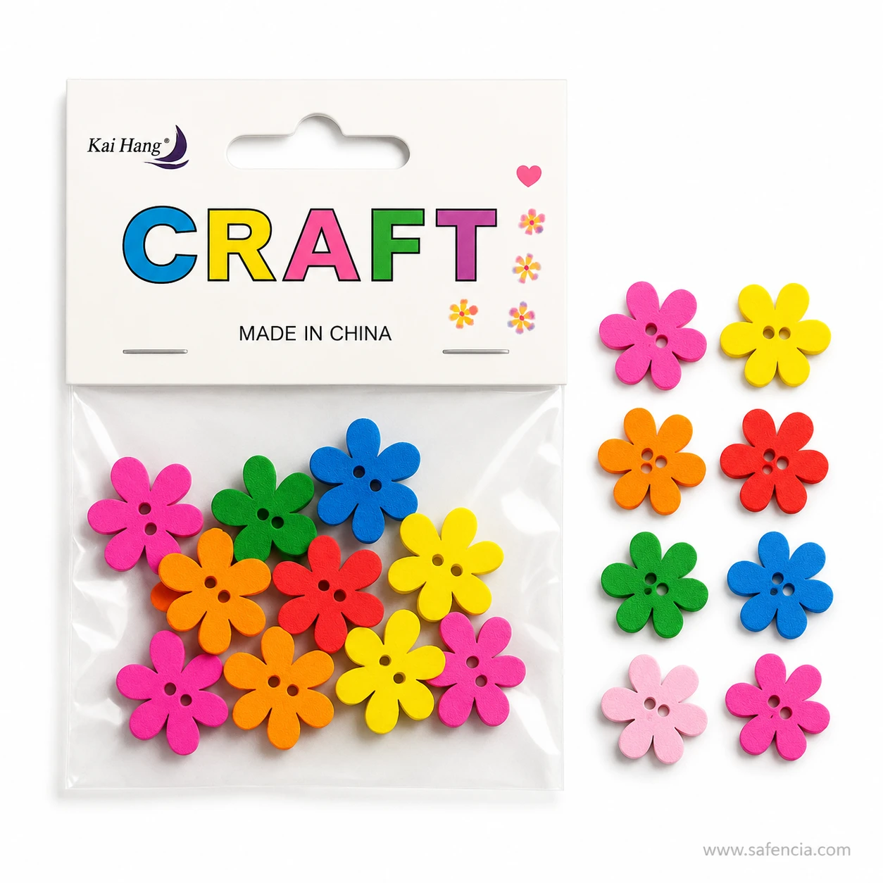 Colour range of wooden flower buttons laid out beside the sealed pack
