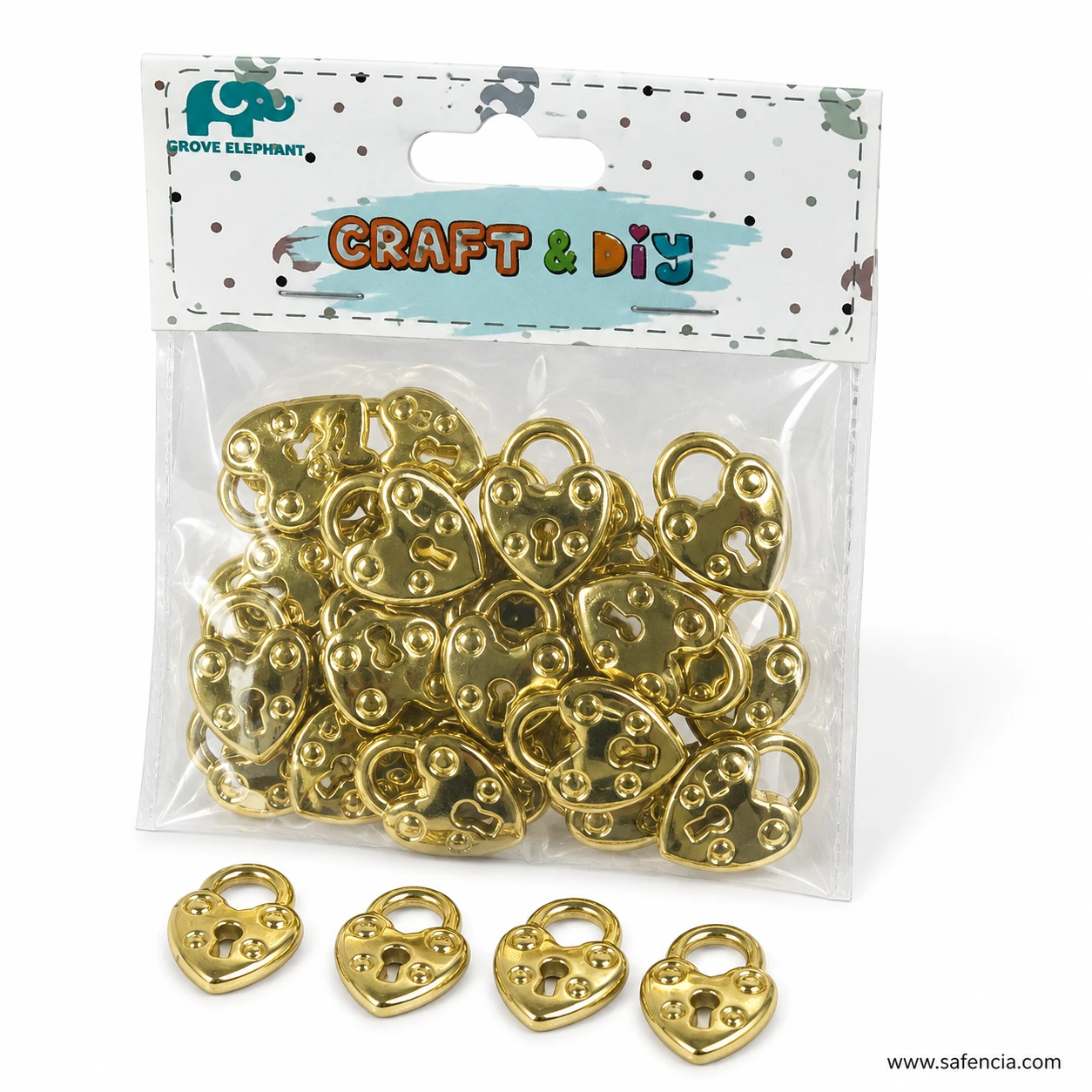 Keyhole and shackle detail on golden heart padlock craft charms