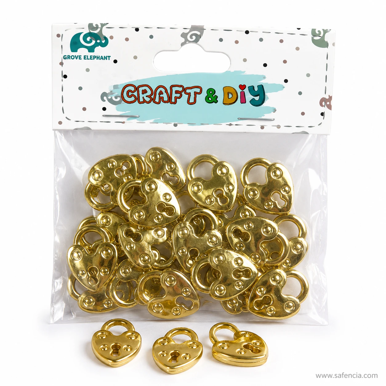 Loose golden heart padlock charms beside the sealed craft pack