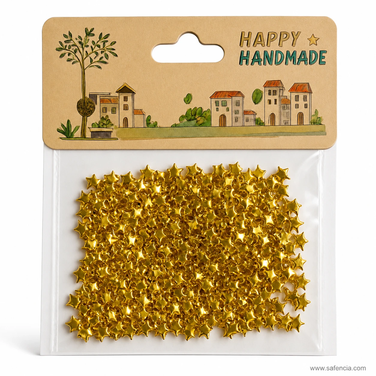 Flat scatter star sequins in gold seen through the pack film