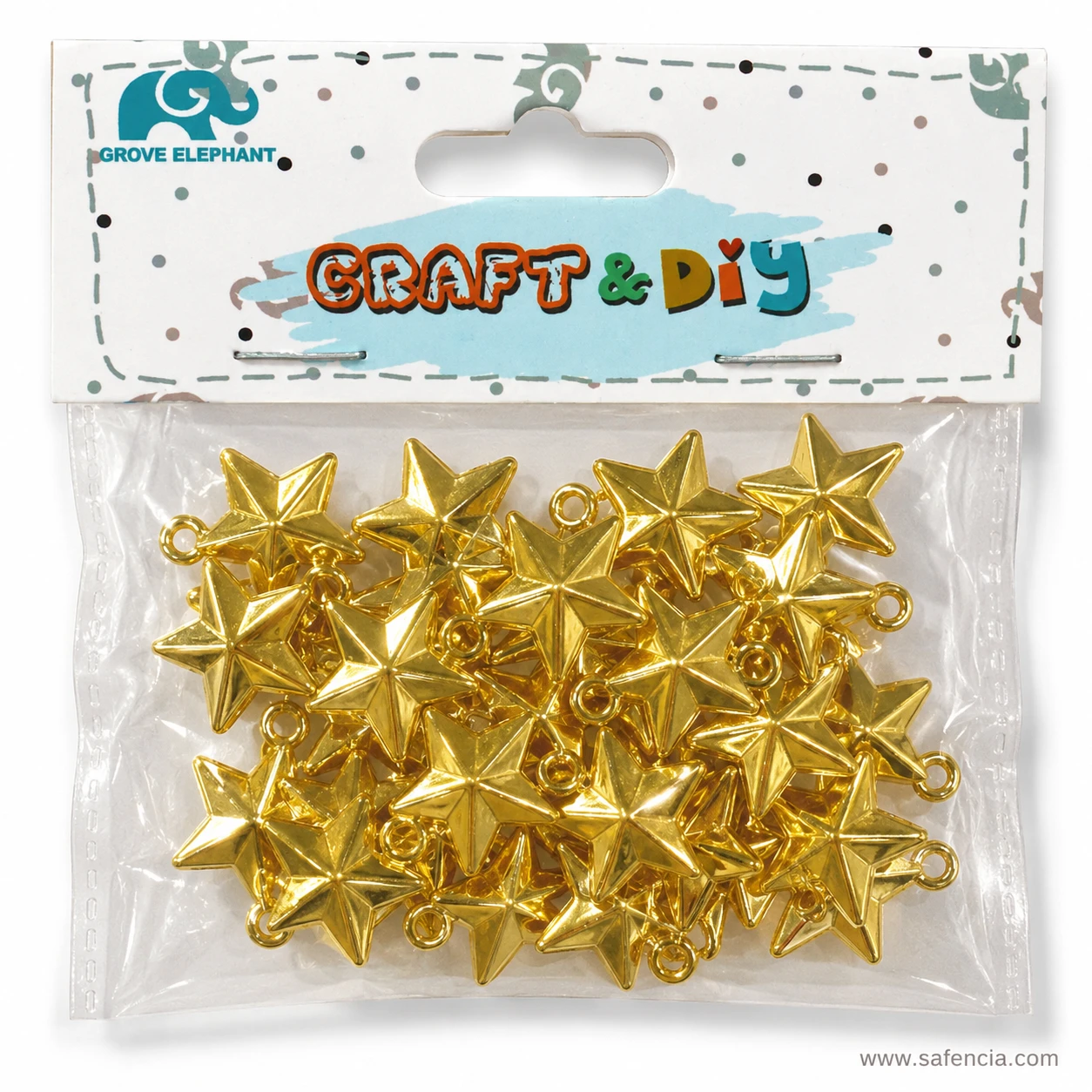 Large gold star charms showing hanging loops inside sealed pack