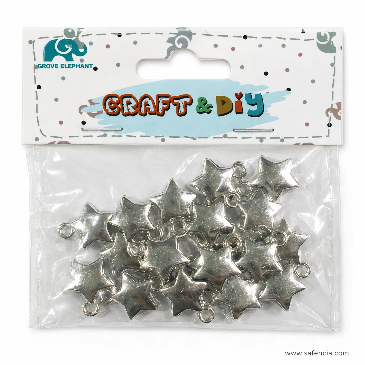 Medium silver star charms showing moulded hanging loops in the pack