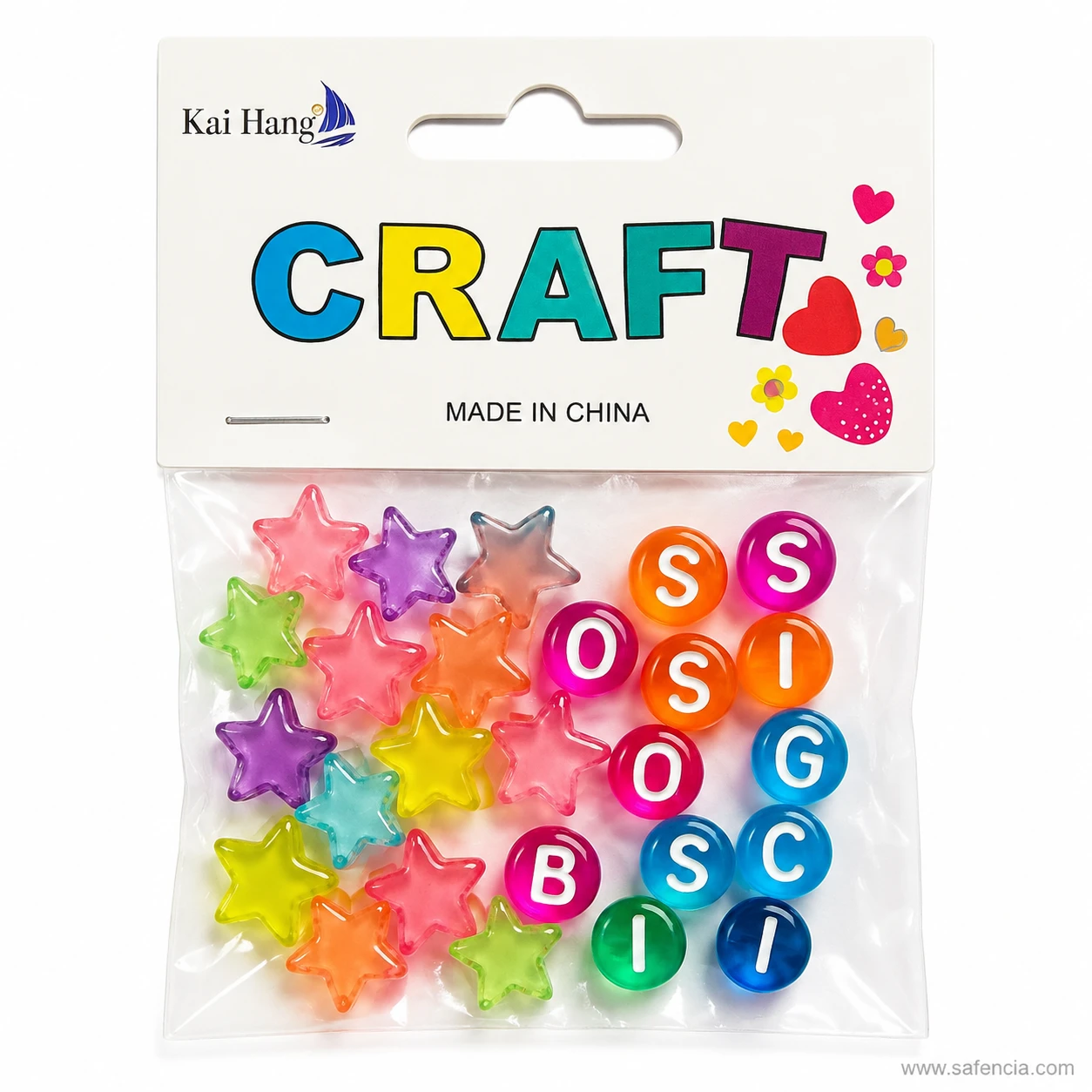Sealed hanging pack of transparent star and letter craft beads