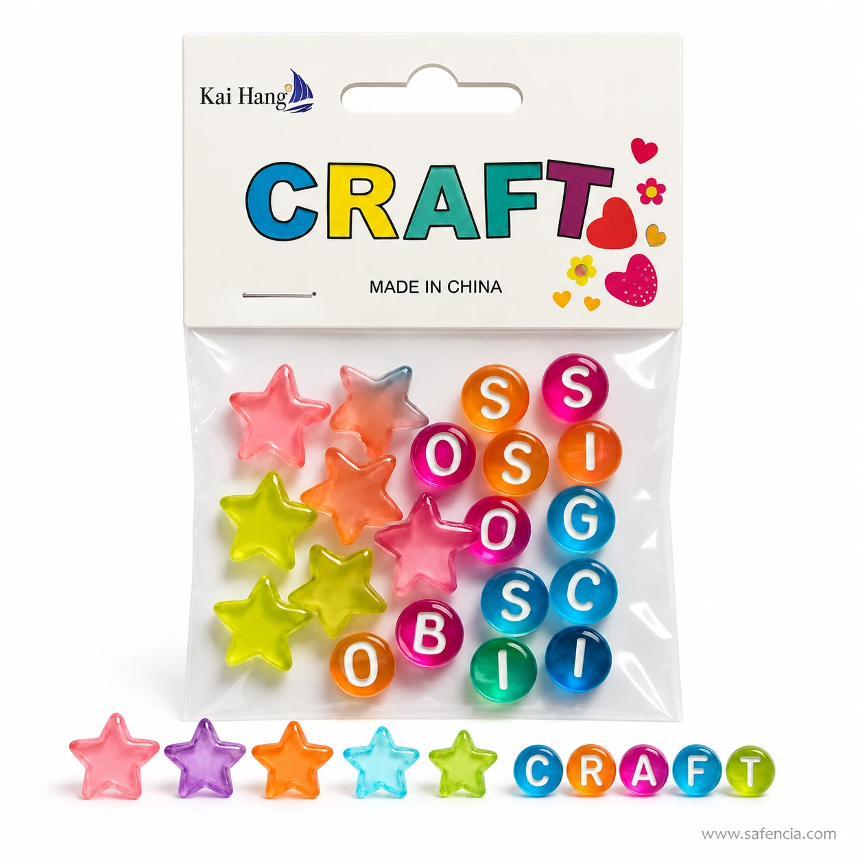 Star beads and letter beads laid out spelling a word in a row