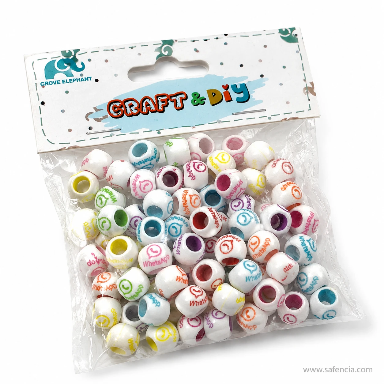 Angled view of a WhatsApp bead pack showing the mix of printing colours