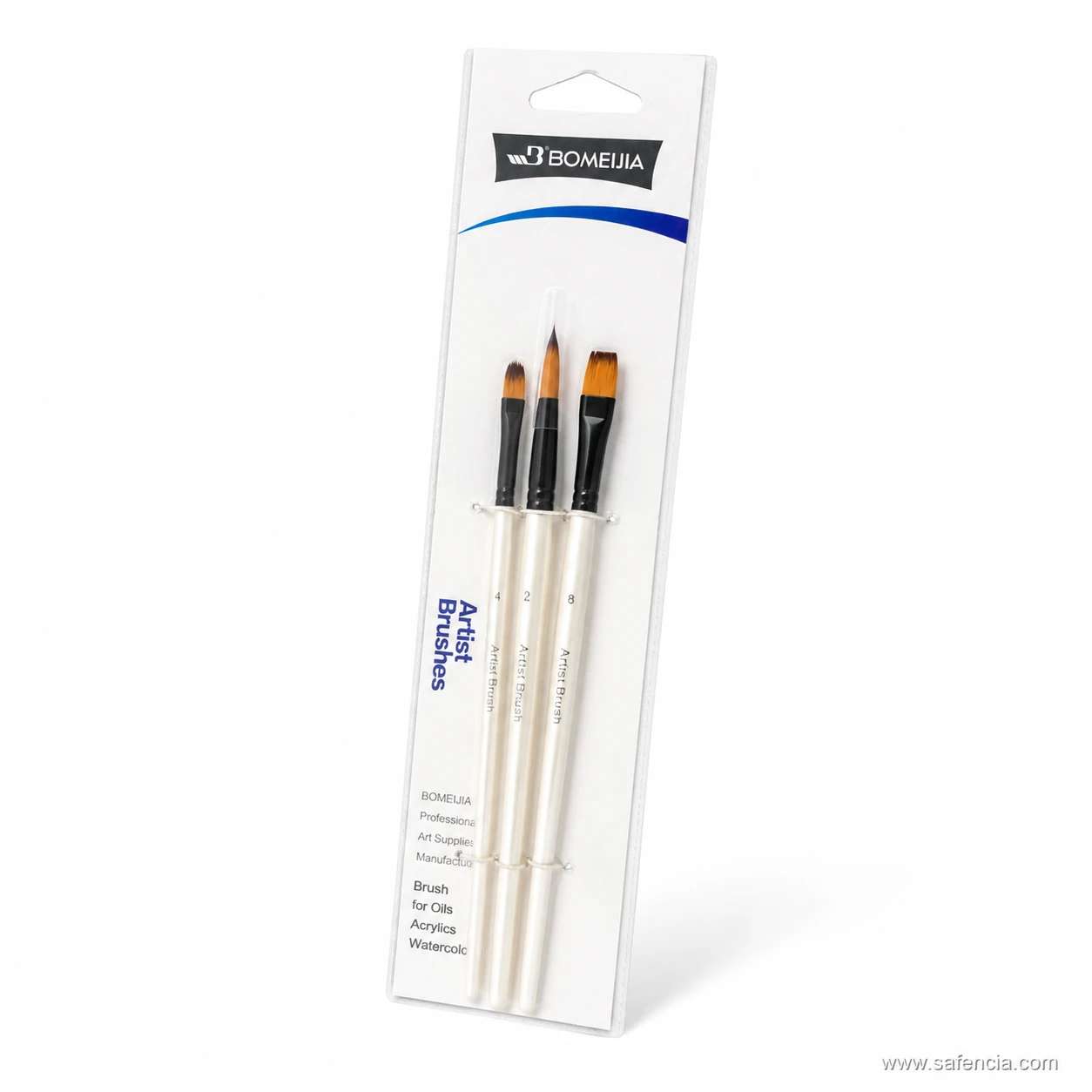 Bomeijia three piece brush set card photographed at an angle