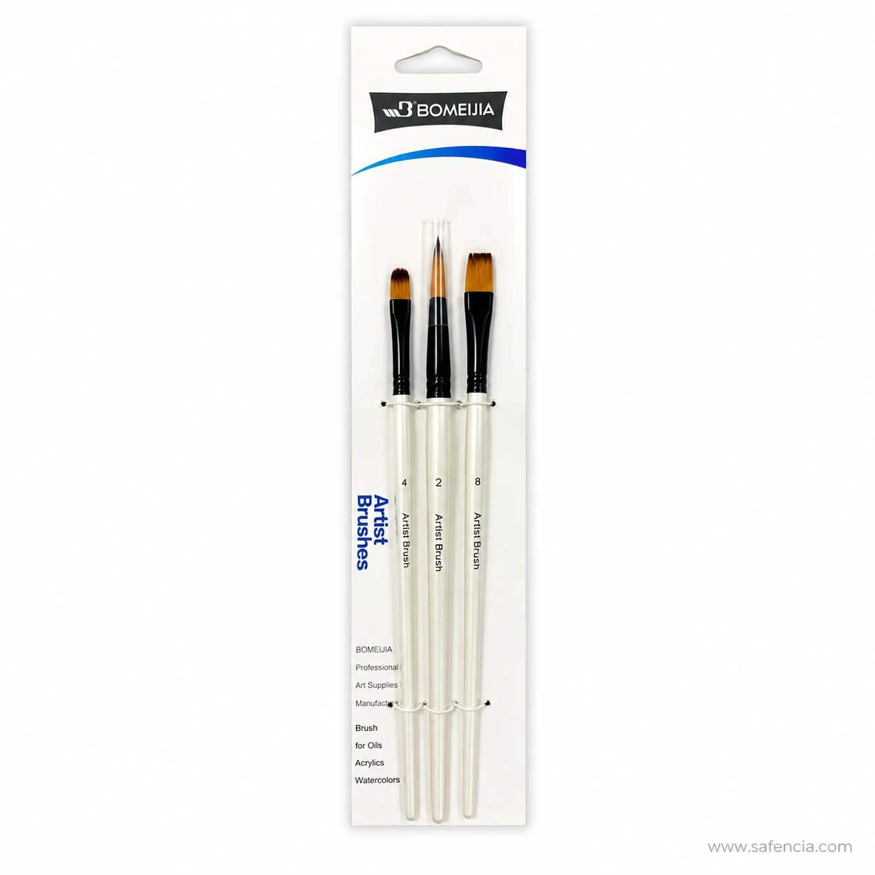 Front of the Bomeijia artist brush set card with sizes 4, 2 and 8