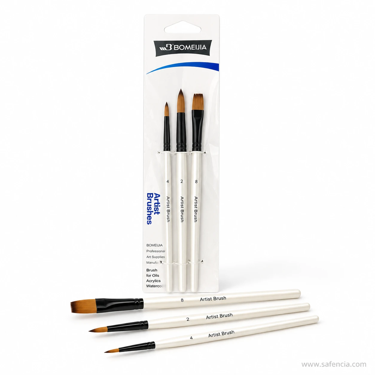 Close view of the round, filbert and flat tips in the Bomeijia brush set