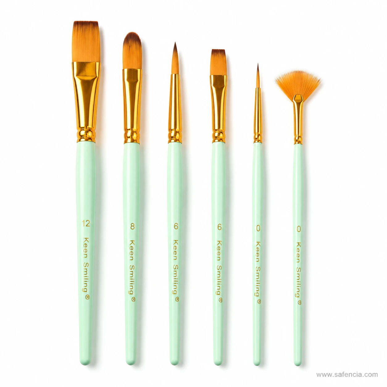 Keep Smiling Artist Brush Set of 6 laid out diagonally showing all bristle shapes