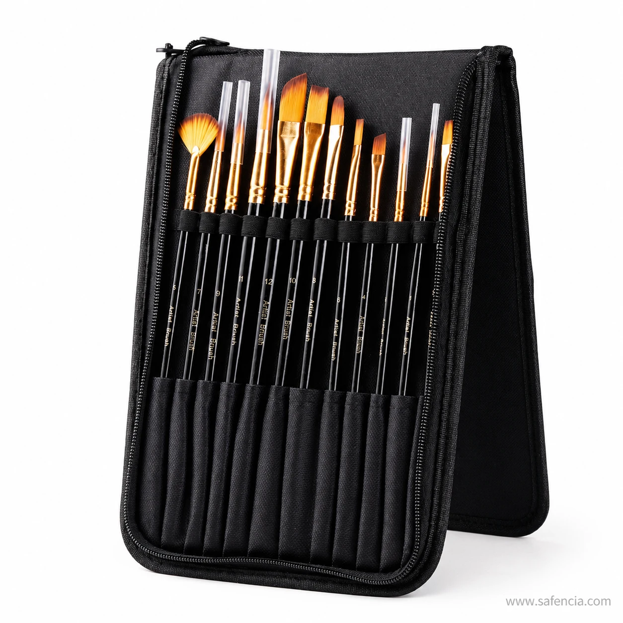 12-piece artist brush set case laid flat and open showing all brushes