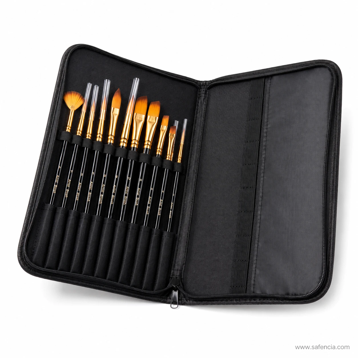 Close view of artist brush set zip case interior and brush handles