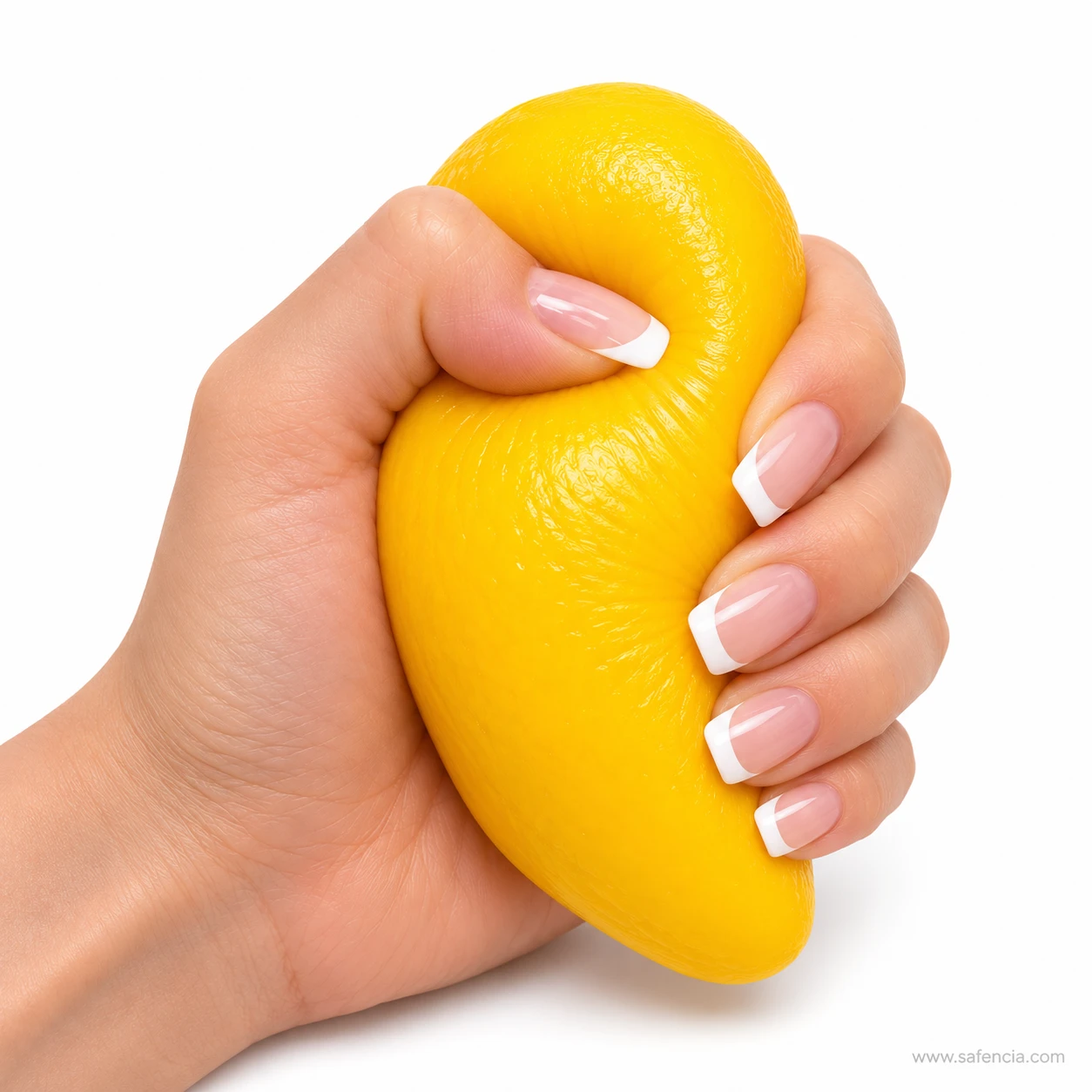 Hand squeezing the yellow mango fruit squishy so it bends almost in half