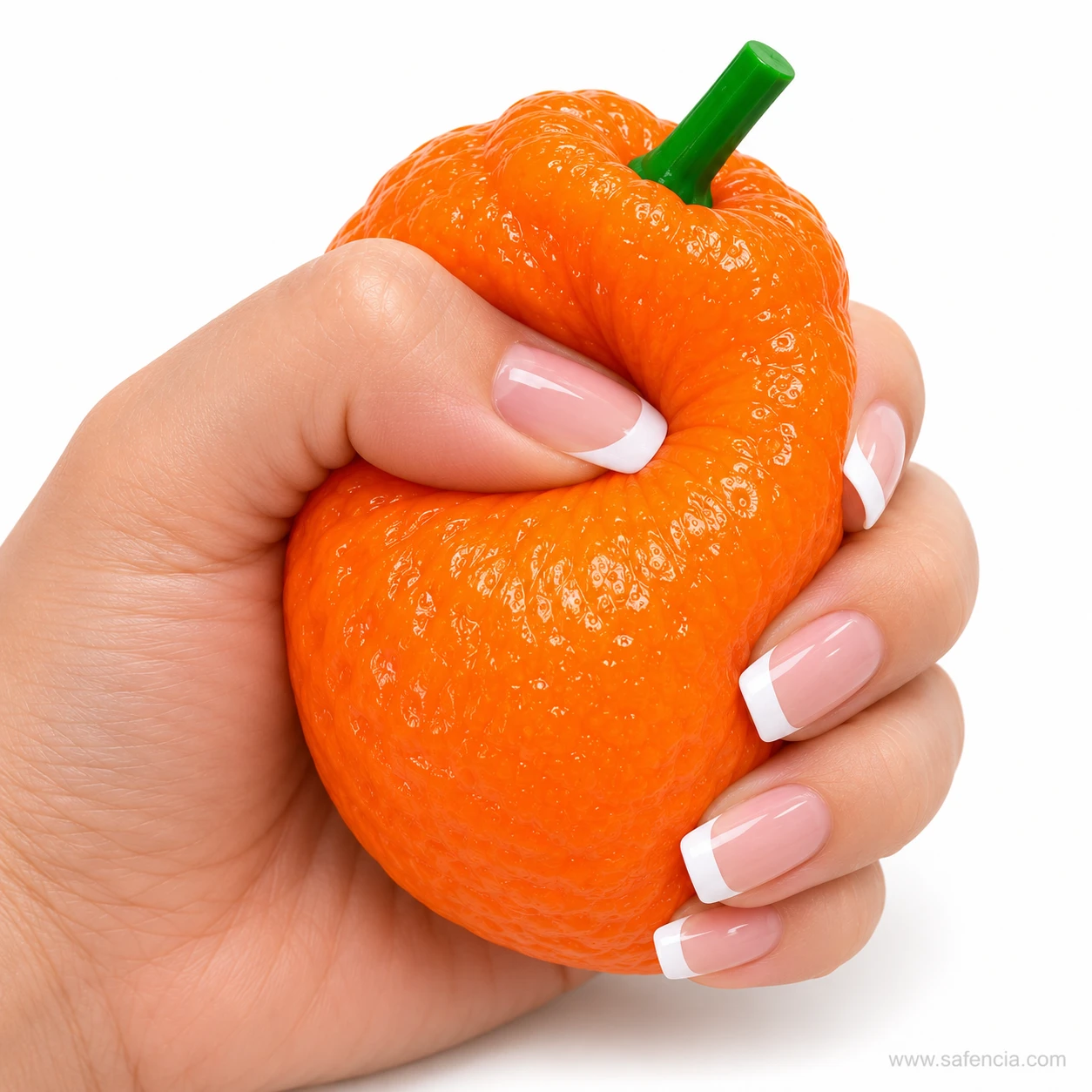 Hand squeezing the orange fruit squishy with its green stalk poking out above the fingers