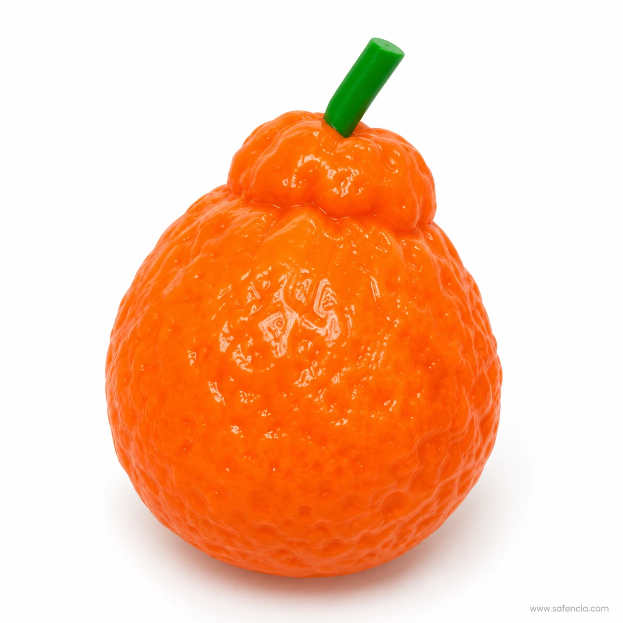 Glossy orange fruit squishy with a dimpled peel texture and a green stalk on top