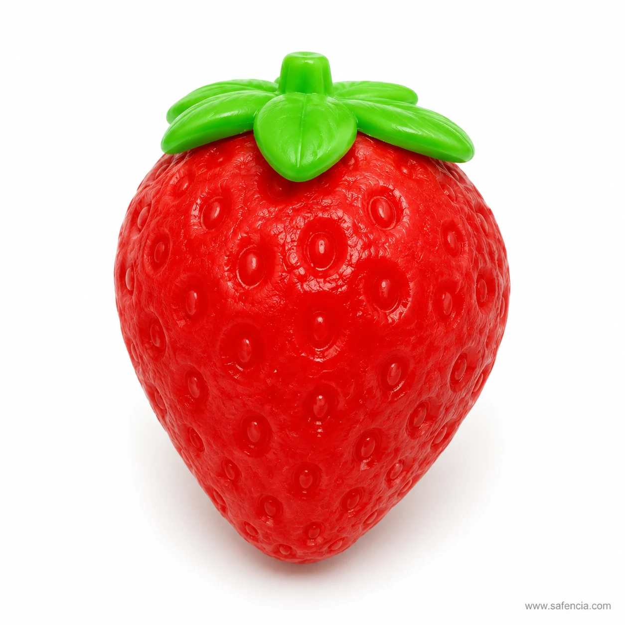 Glossy red strawberry fruit squishy with raised seeds and a green leaf cap
