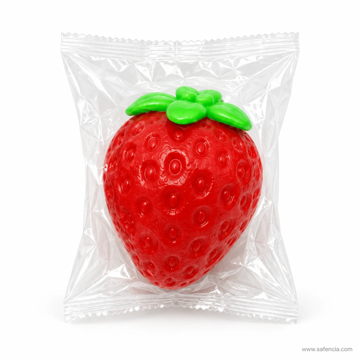 Strawberry fruit squishy sealed inside a clear individual plastic wrapper