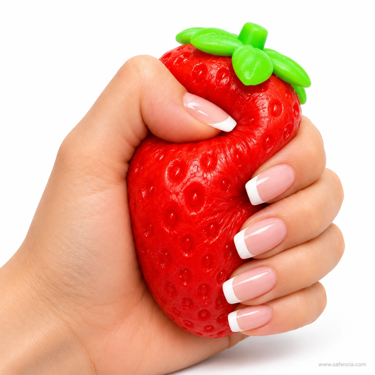 Hand squeezing the red strawberry fruit squishy so the seeds stretch across its surface