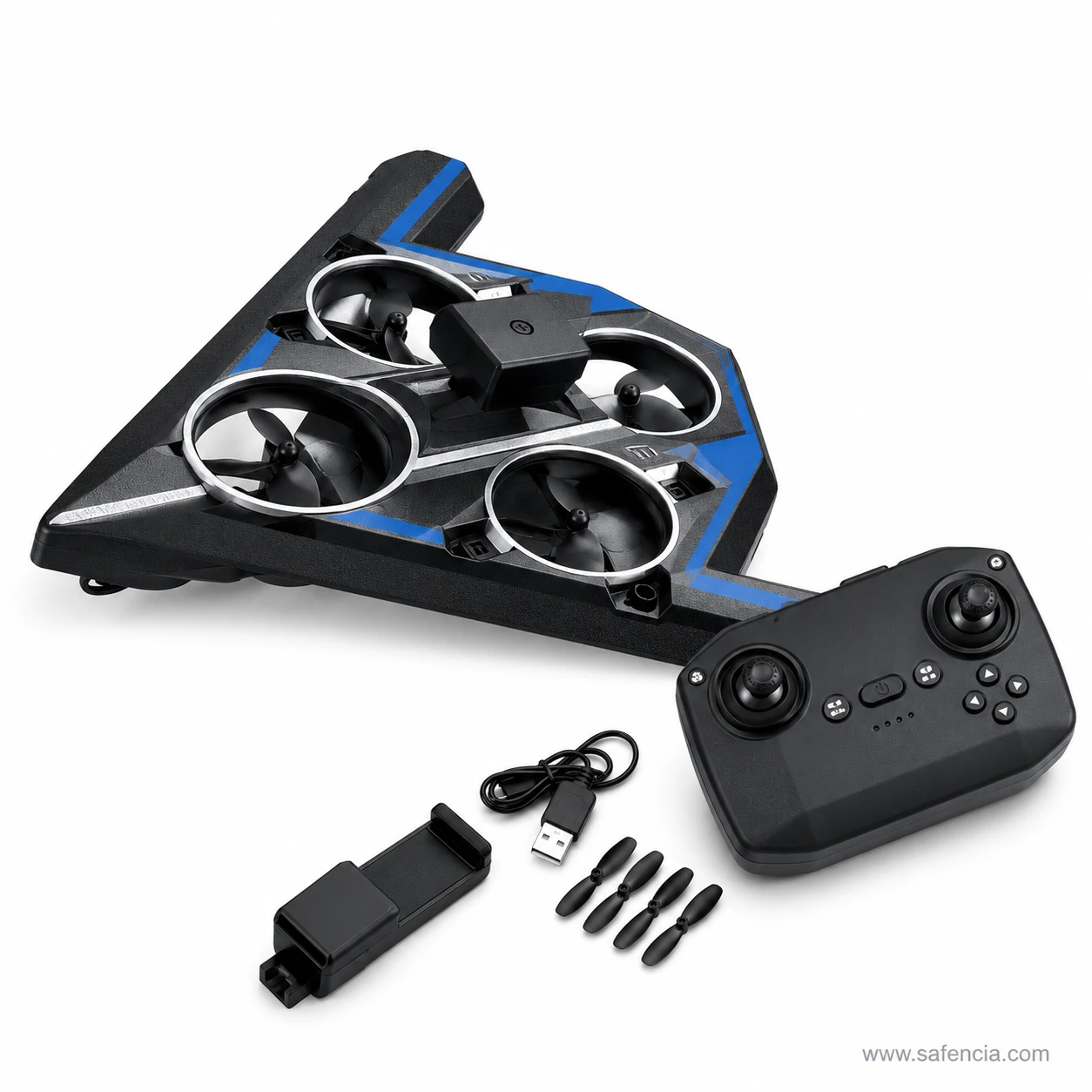 Black and blue B-2 stealth bomber drone beside its gamepad controller and battery pack