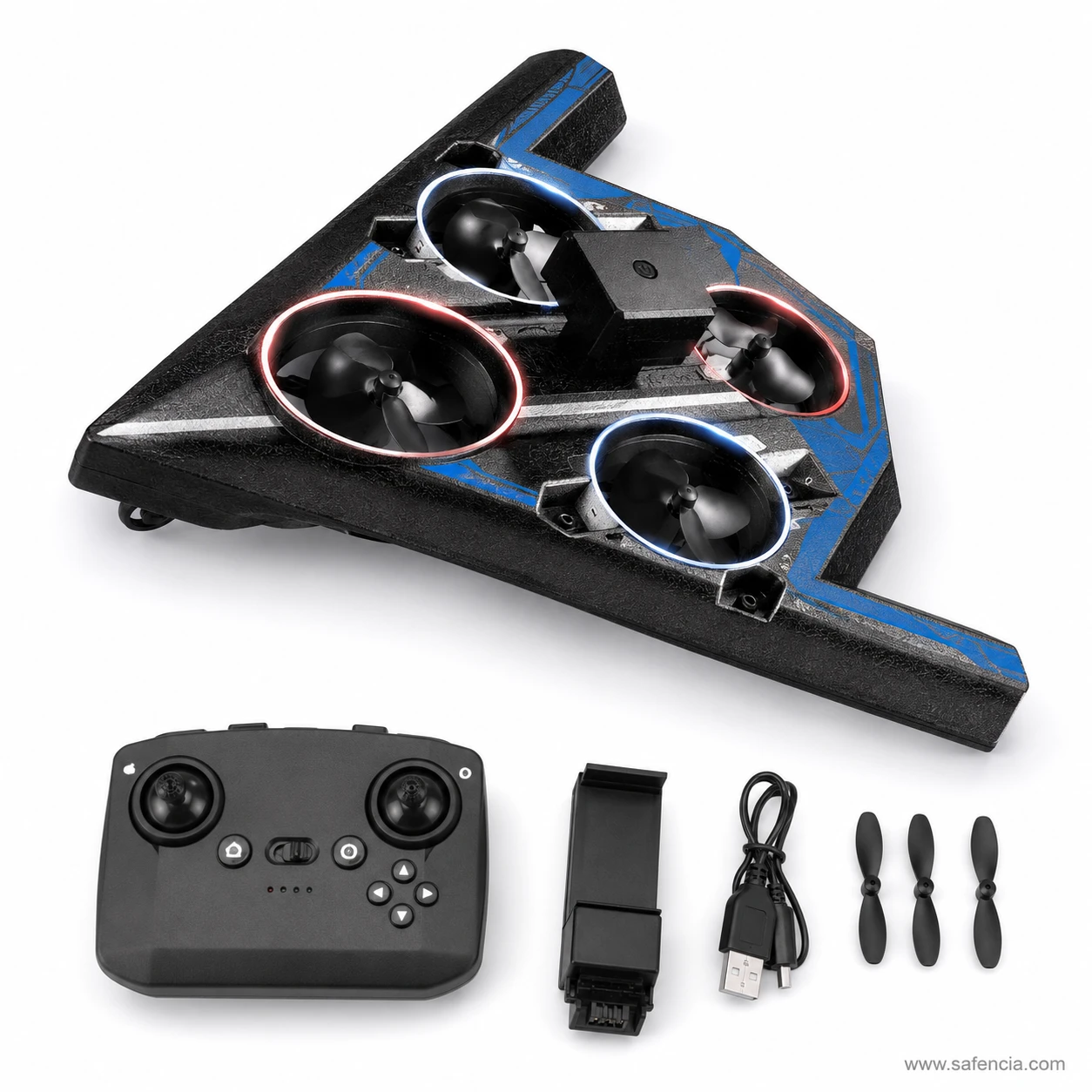 B-2 stealth bomber drone with gamepad controller, battery, USB lead and spare propellers