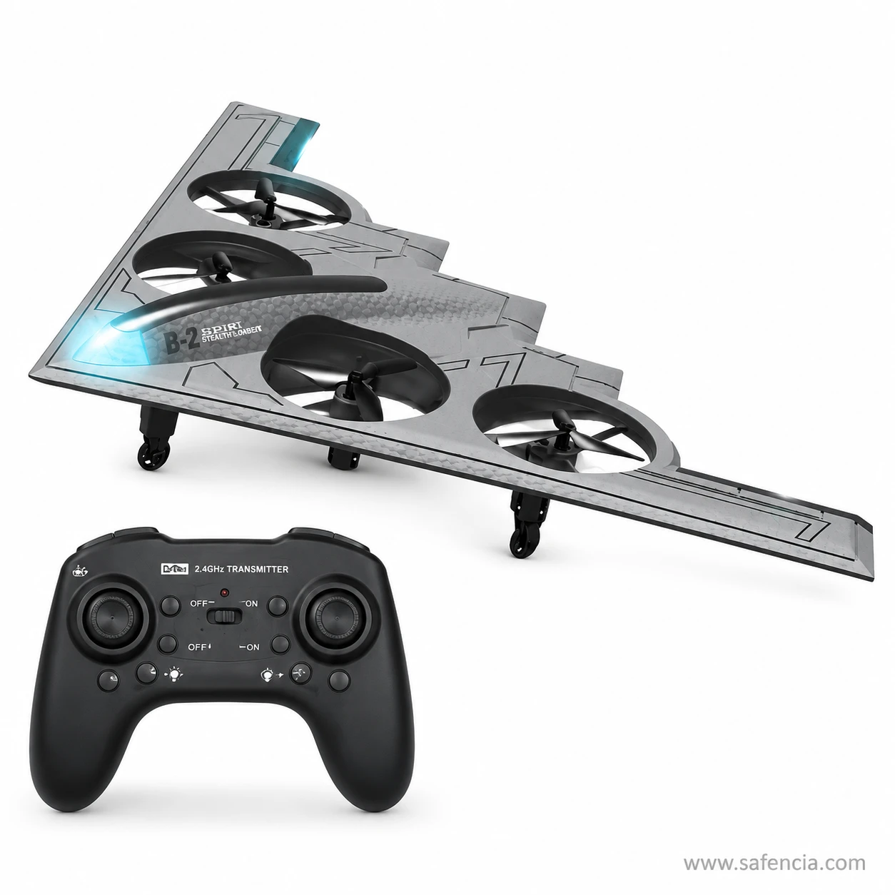 Grey stealth livery of the B-2 bomber RC drone with its 2.4GHz transmitter