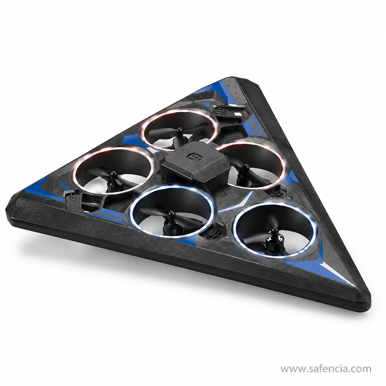 B-2 stealth bomber drone from above with red and blue LED rings lit around the four fans