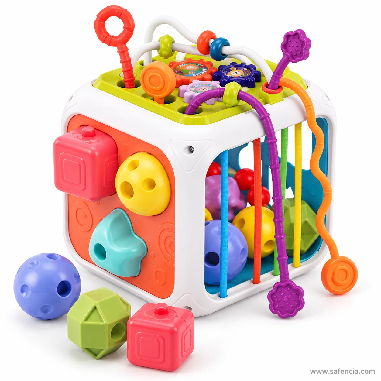 Baby activity cube top with bead maze, flowers and stretchy pull strings, plus posting panel
