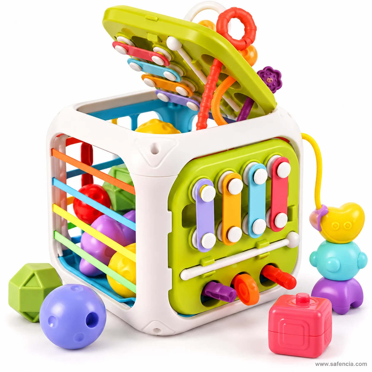 Baby activity cube with its lid lifted open to show the storage space inside