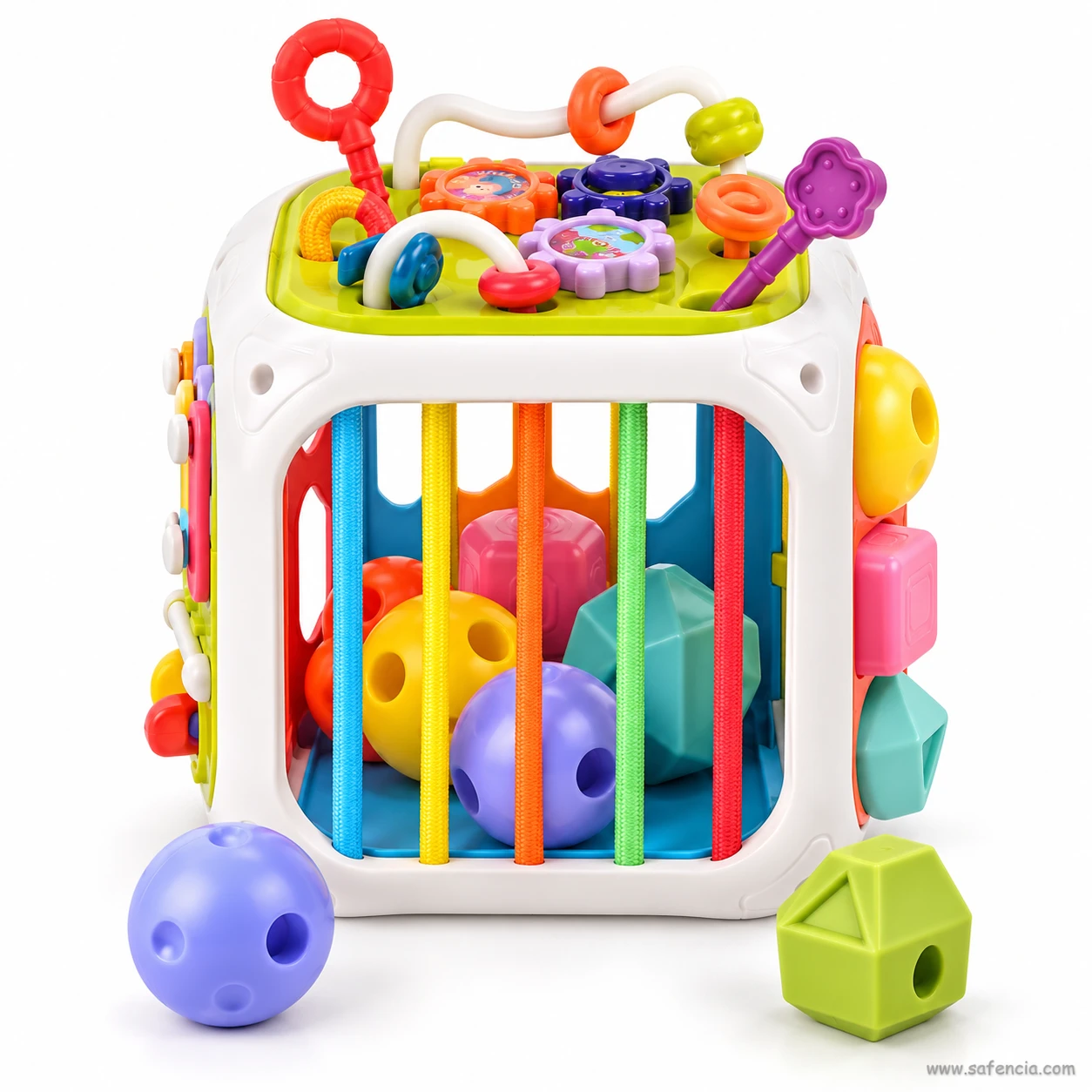 Baby activity cube rainbow slat side with coloured balls and shapes inside