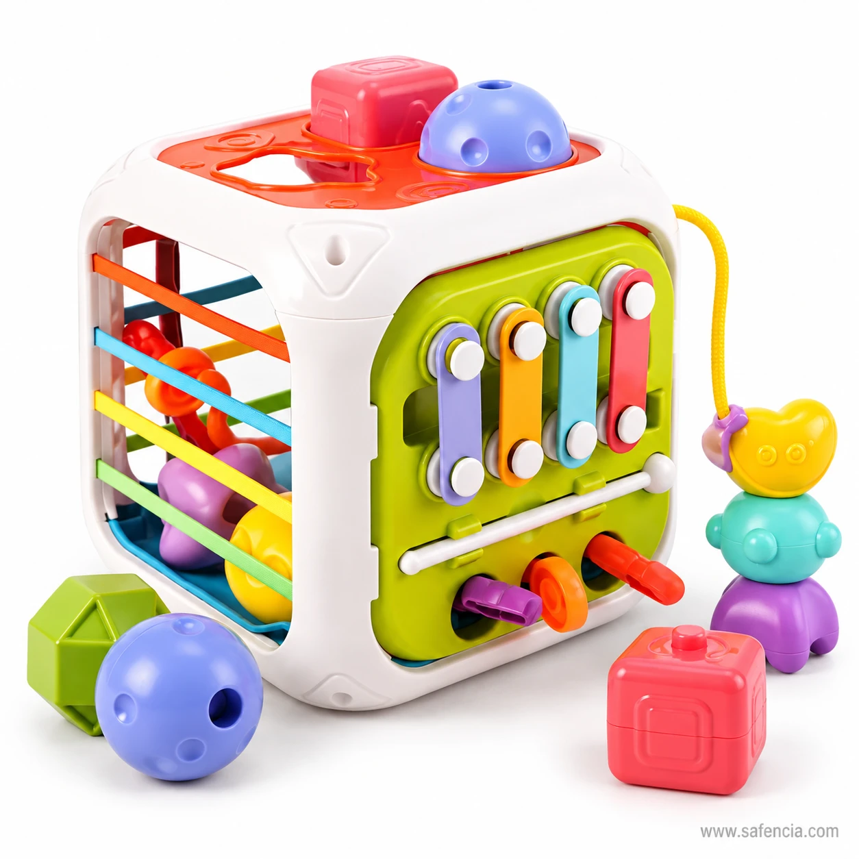 Baby activity cube showing the orange shape sorter lid with pink block and purple ball