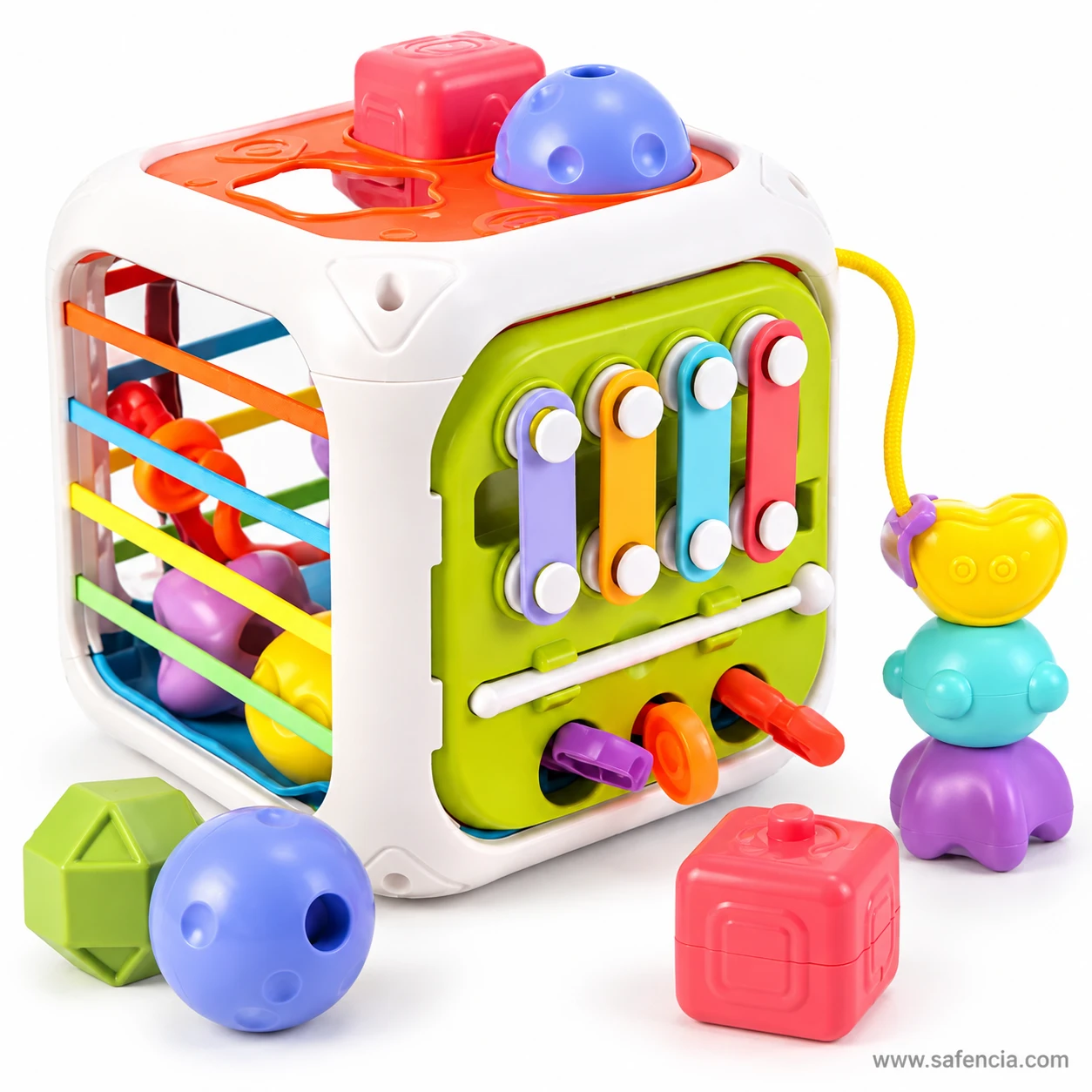 Baby activity cube side string with stacking figures beside the xylophone face