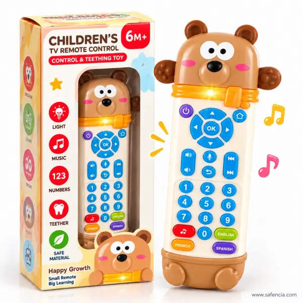 Baby Bear TV Remote Toy with Silicone Teether, Lights and 3 Languages